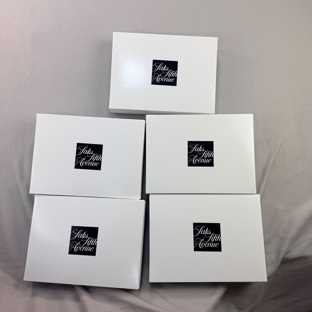 Saks Fifth Avenue Set of 5 Gift Boxes White Black Logo Tissue Ribbon 10.5x7x2